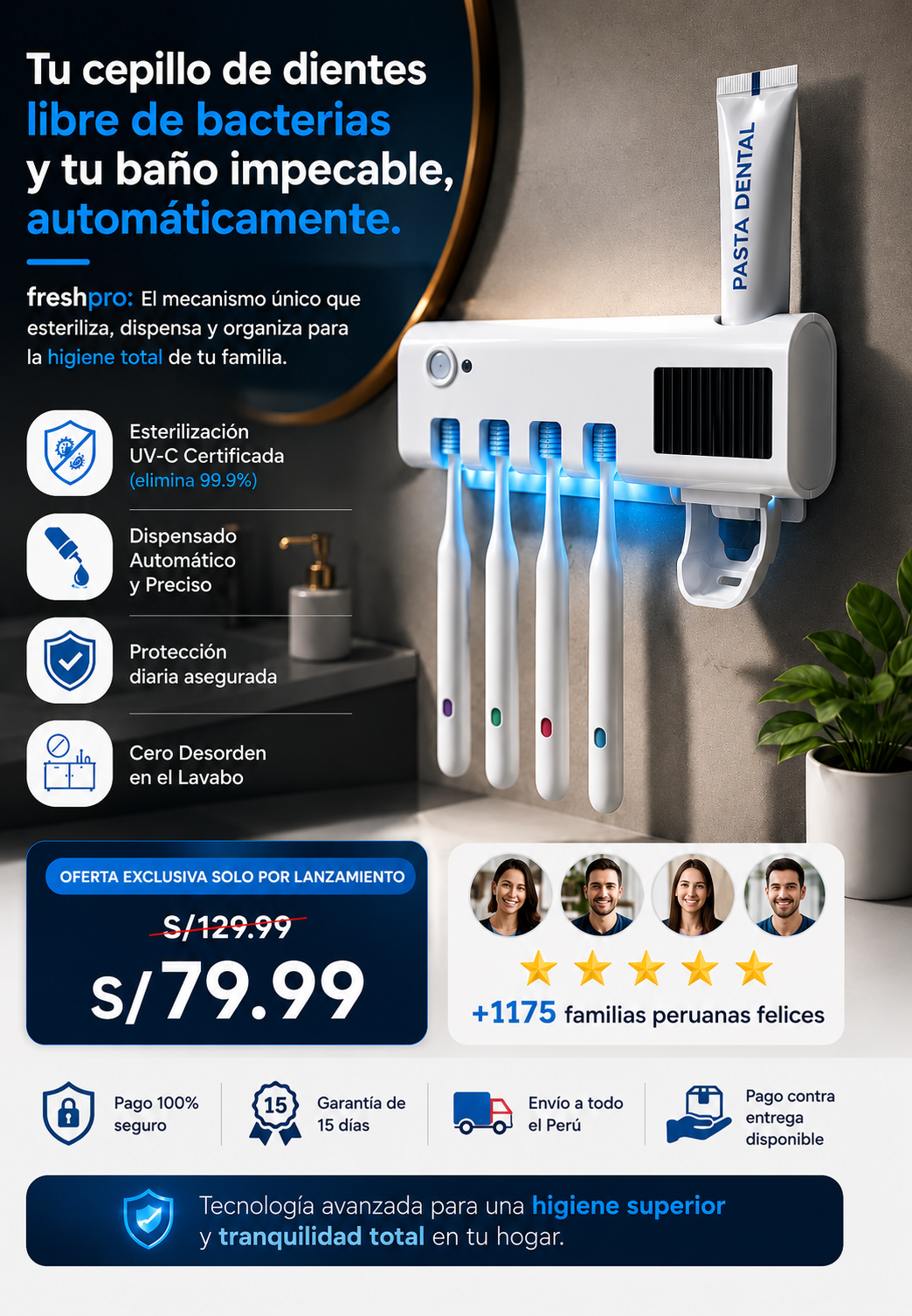 FreshPro® Porta Cepillo de Dientes Esterilizador UV