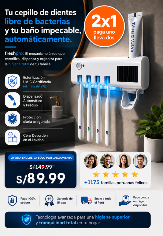 FreshPro® Porta Cepillo de Dientes Esterilizador UV 2x1